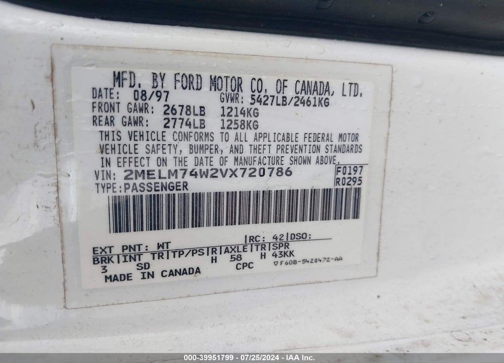 1997 MERCURY GRAND MARQUIS GS VIN: 2MELM74W2VX720786