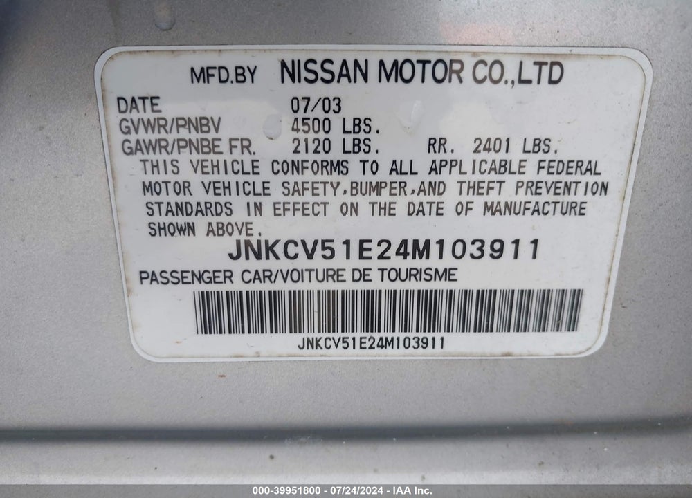 2004 INFINITI G35 VIN: JNKCV51E24M103911