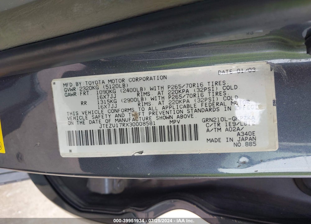 2003 TOYOTA 4RUNNER LIMITED V6 VIN: JTEZU17RX30008581