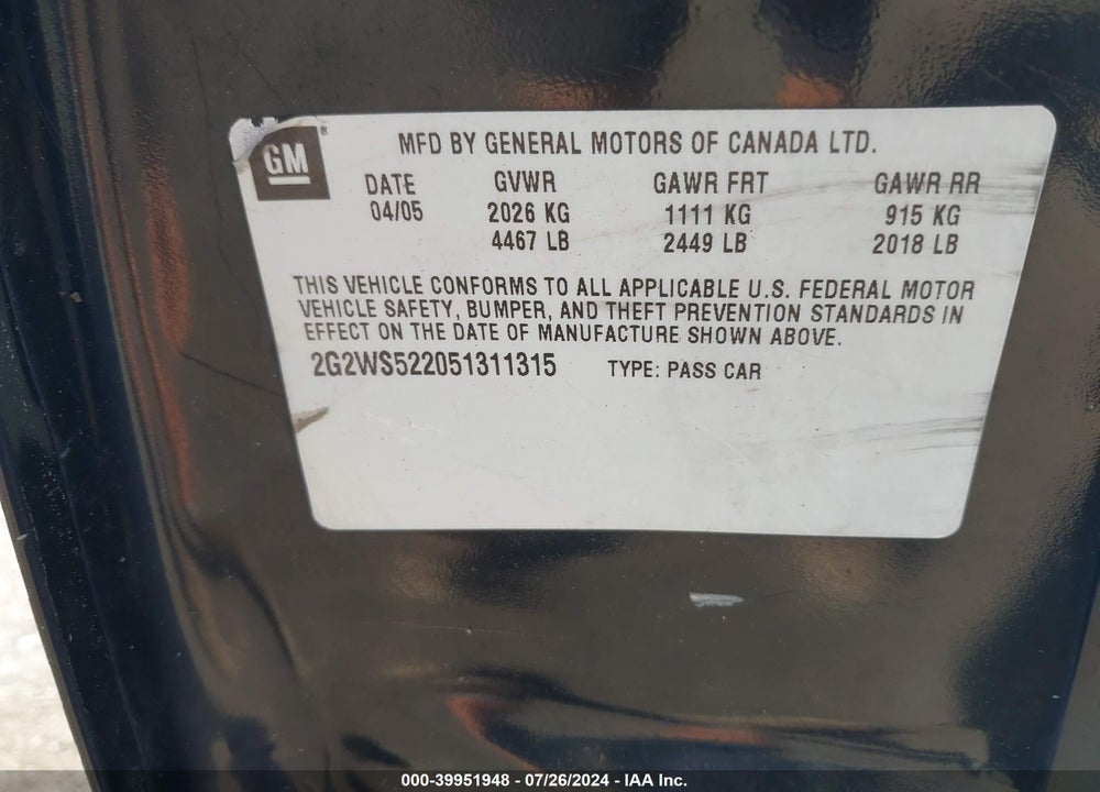 2005 PONTIAC GRAND PRIX GT VIN: 2G2WS522051311315