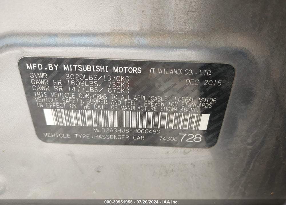 2015 MITSUBISHI MIRAGE DE VIN: ML32A3HJ6FH060480