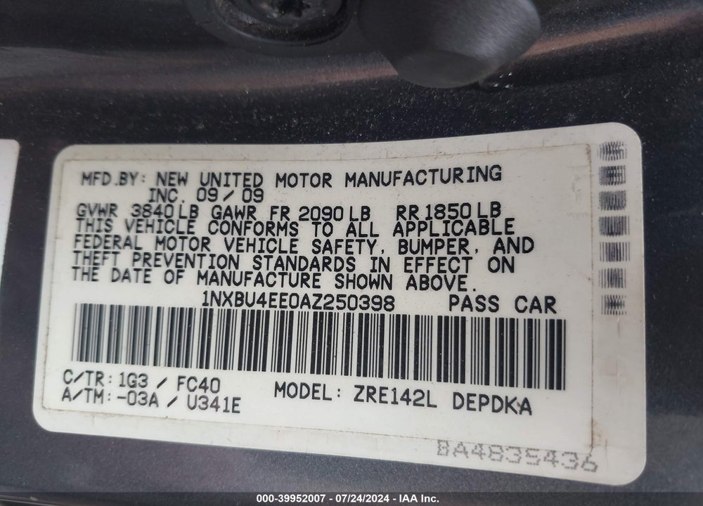 2010 TOYOTA COROLLA LE VIN: 1NXBU4EE0AZ250398
