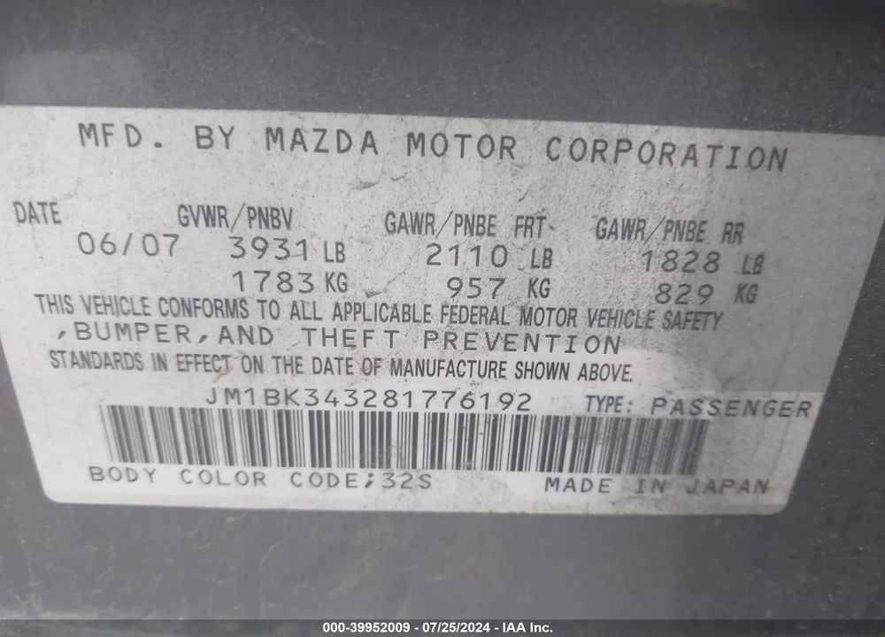 2008 MAZDA 3 S TOURING VIN: JM1BK343281776192