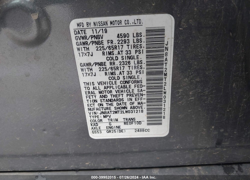 2020 NISSAN ROGUE S FWD VIN: JN8AT2MT2LW031218