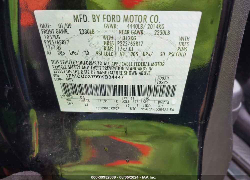 2009 FORD ESCAPE XLT VIN: 1FMCU03799KB34447