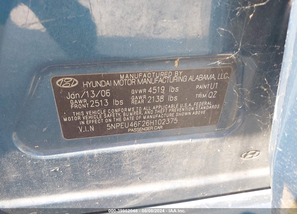 2006 HYUNDAI SONATA GLS V6/LX V6 VIN: 5NPEU46F26H102375