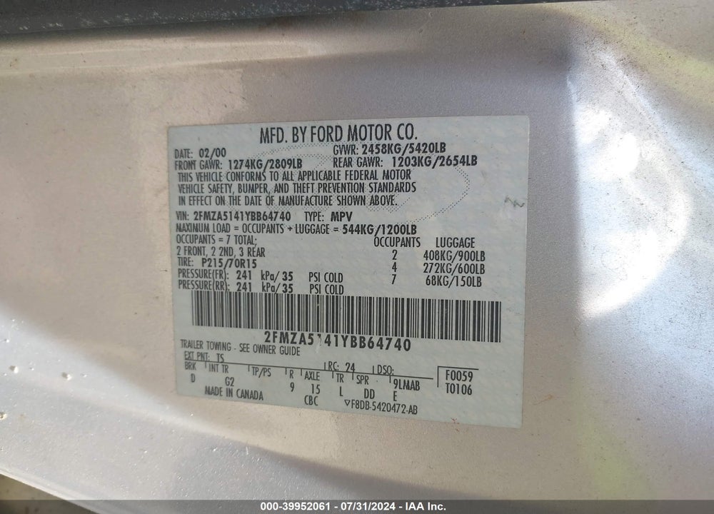 2000 FORD WINDSTAR LX VIN: 2FMZA5141YBB64740