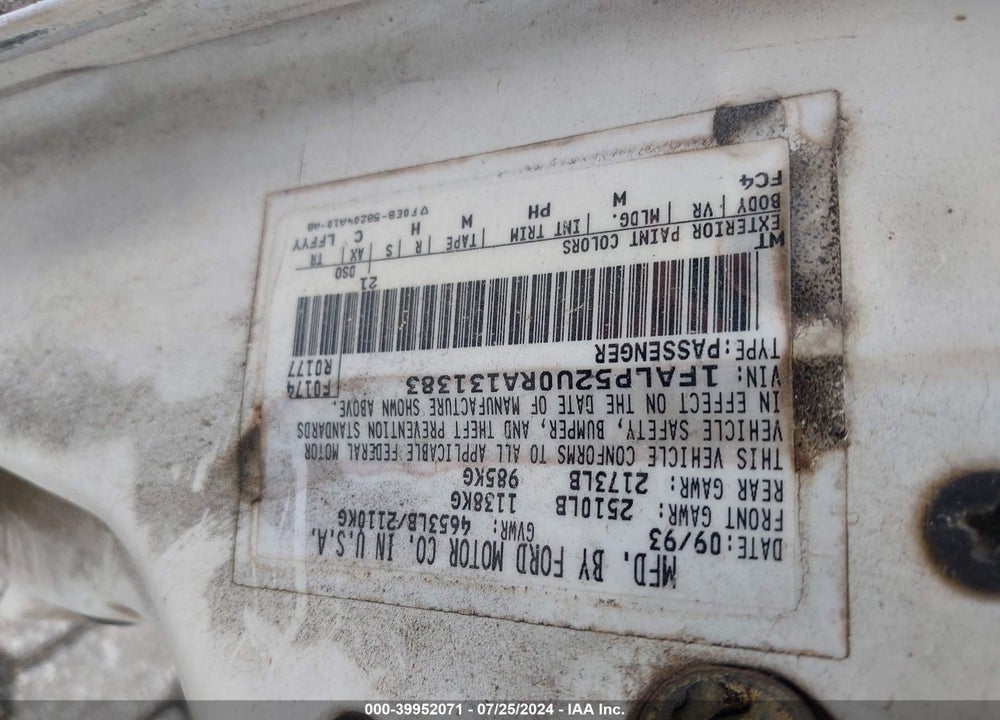 1994 FORD TAURUS GL VIN: 1FALP52U0RA131383