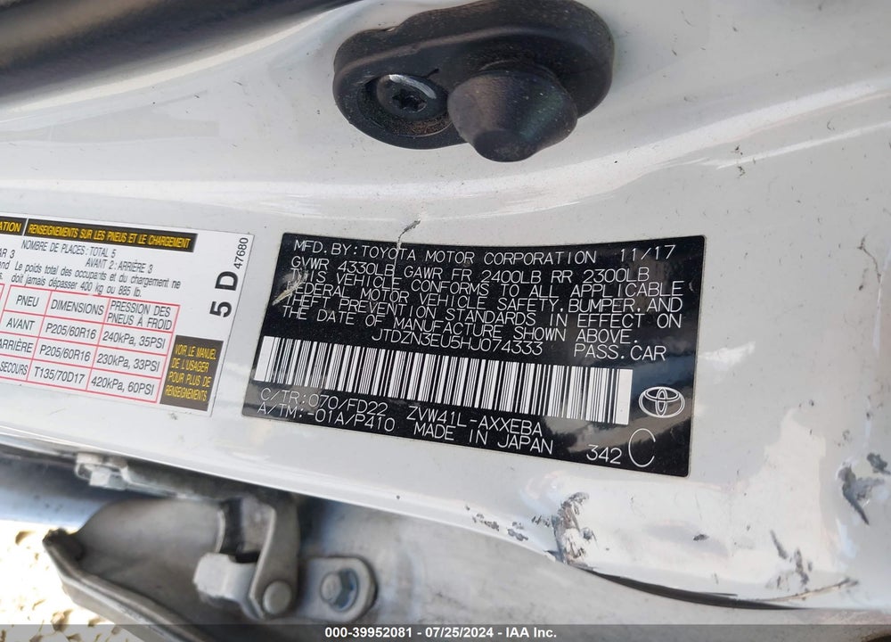 2017 TOYOTA PRIUS V FIVE/FOUR/THREE/TWO VIN: JTDZN3EU5HJ074333