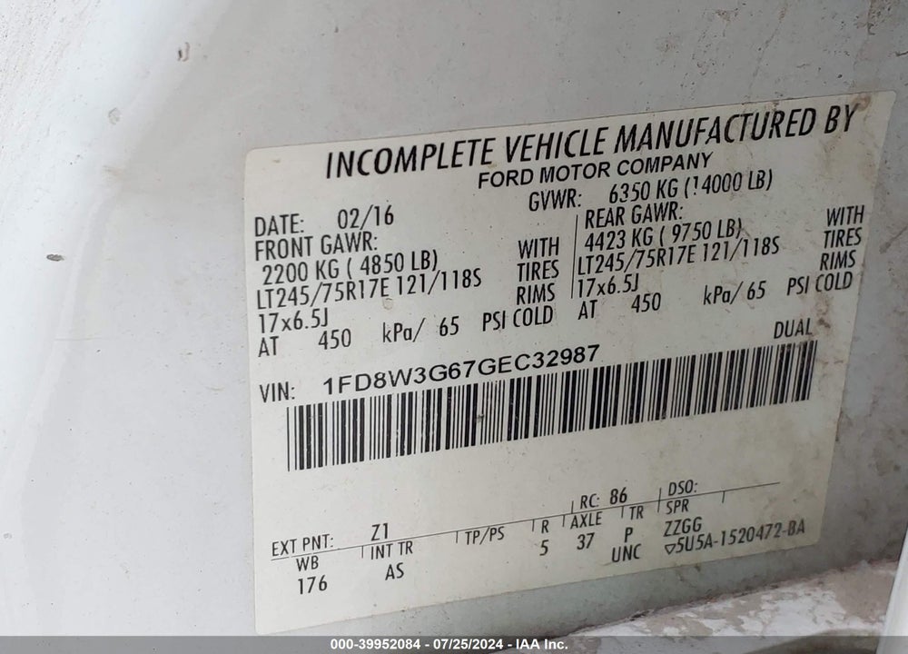 2016 FORD F-350 CHASSIS XL VIN: 1FD8W3G67GEC32987