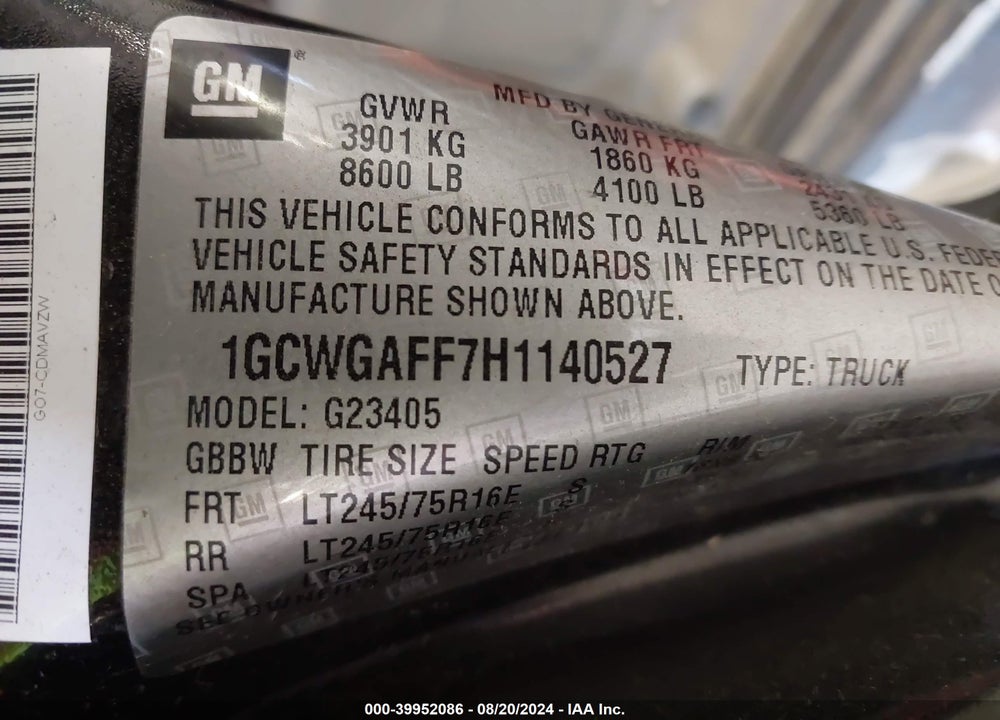 2017 CHEVROLET EXPRESS 2500 VIN: 1GCWGAFF7H1140527