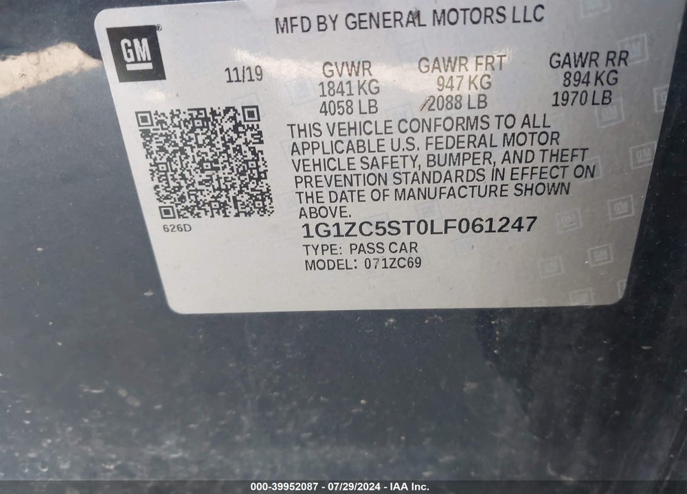 2020 CHEVROLET MALIBU VIN: 1G1ZC5ST0LF061247