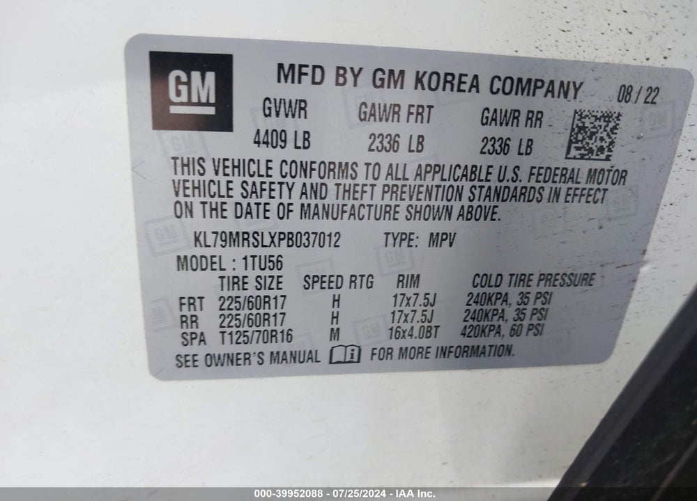 2023 CHEVROLET TRAILBLAZER AWD LT VIN: KL79MRSLXPB037012