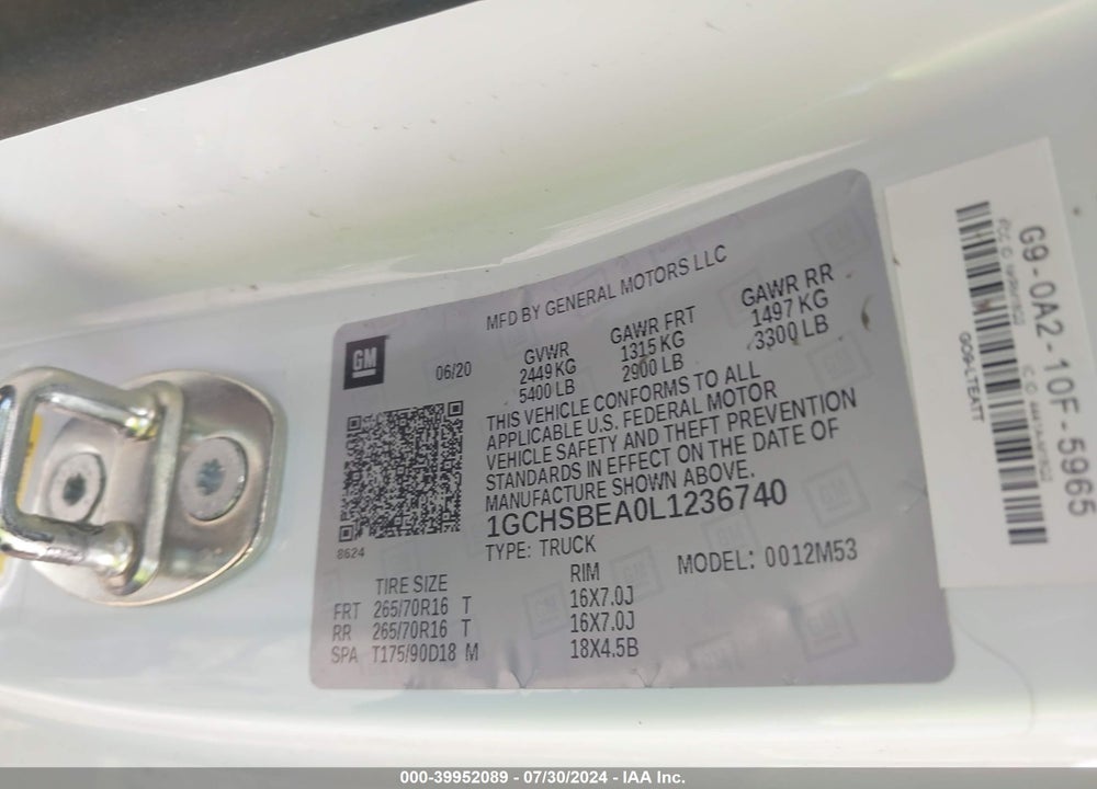 2020 CHEVROLET COLORADO 2WD LONG BOX WT VIN: 1GCHSBEA0L1236740