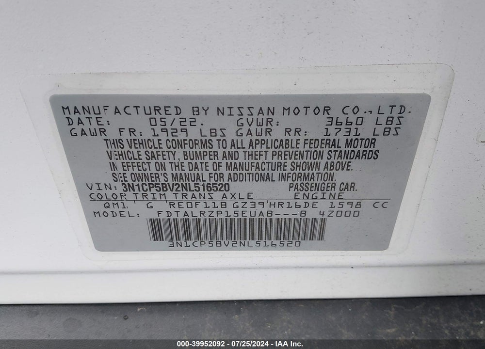 2022 NISSAN KICKS S XTRONIC CVT VIN: 3N1CP5BV2NL516520