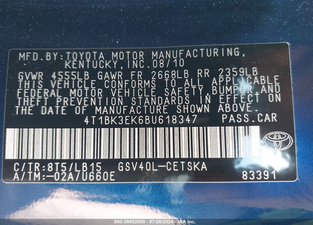 2011 TOYOTA CAMRY VIN: 4T1BK3EK6BU618347