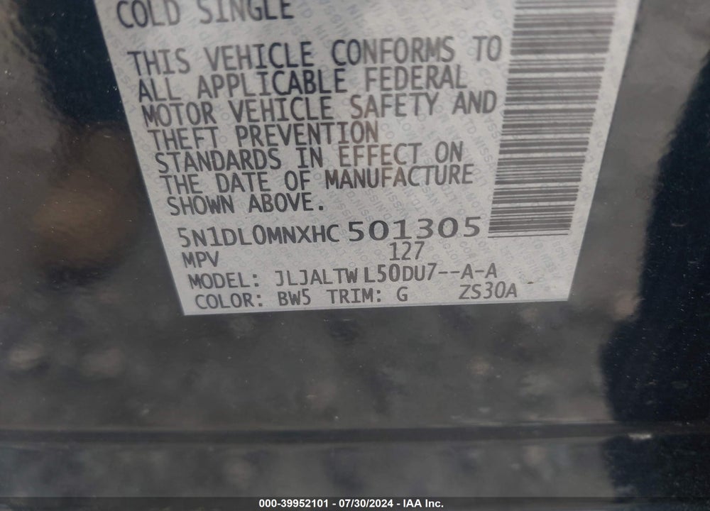 2017 INFINITI QX60 VIN: 5N1DL0MNXHC501305