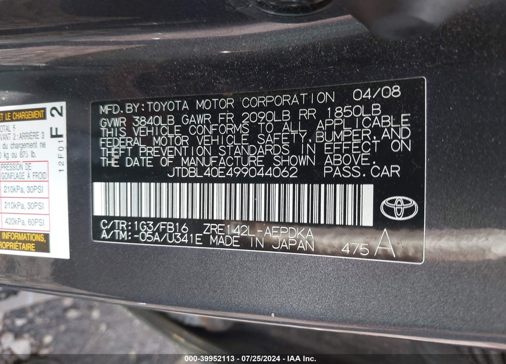 2009 TOYOTA COROLLA LE/S/XLE VIN: JTDBL40E499044062