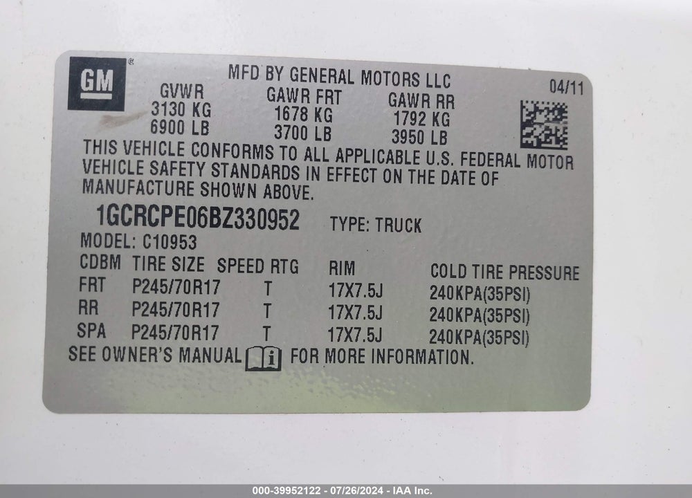 2011 CHEVROLET SILVERADO 1500 WORK TRUCK VIN: 1GCRCPE06BZ330952