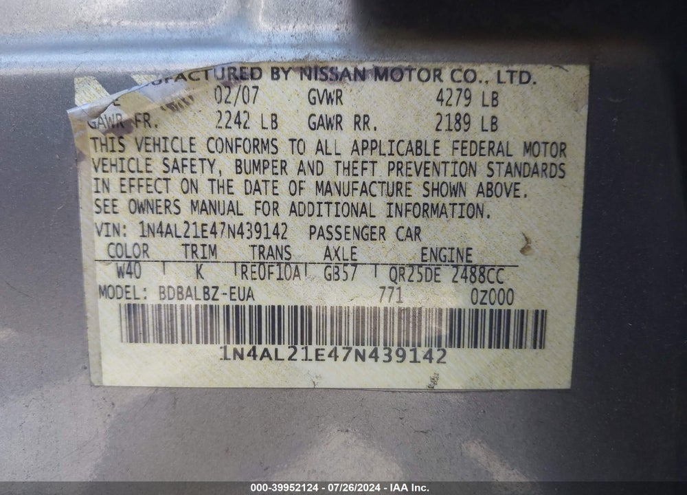 2007 NISSAN ALTIMA 2.5 S VIN: 1N4AL21E47N439142