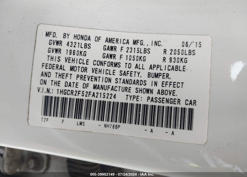 2015 HONDA ACCORD SPORT VIN: 1HGCR2F52FA215224