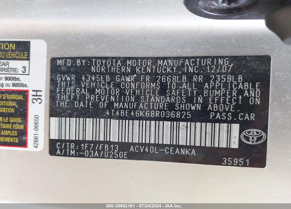 2008 TOYOTA CAMRY LE/SE/XLE VIN: 4T4BE46K68R036825