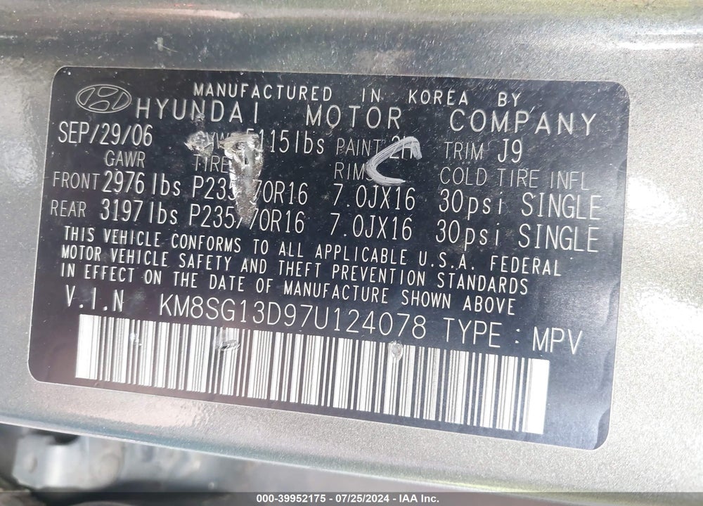 2007 HYUNDAI SANTA FE GLS VIN: KM8SG13D97U124078