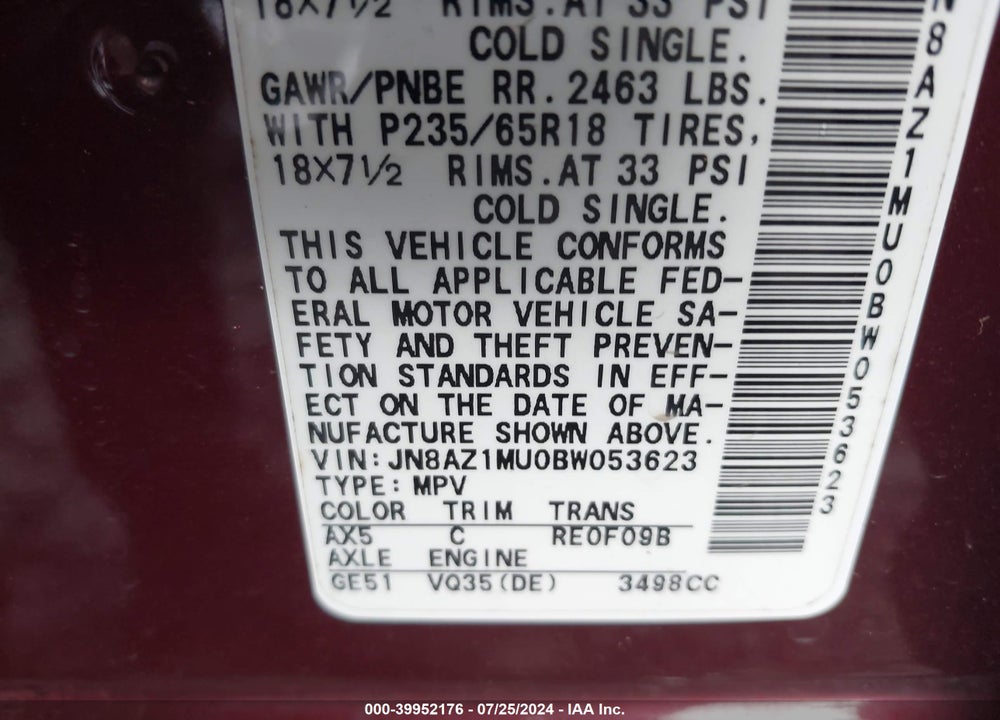 2011 NISSAN MURANO S VIN: JN8AZ1MU0BW053623