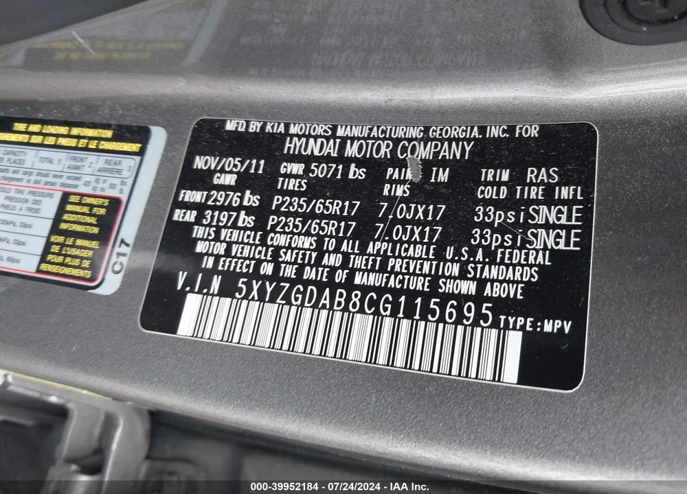 2012 HYUNDAI SANTA FE GLS VIN: 5XYZGDAB8CG115695
