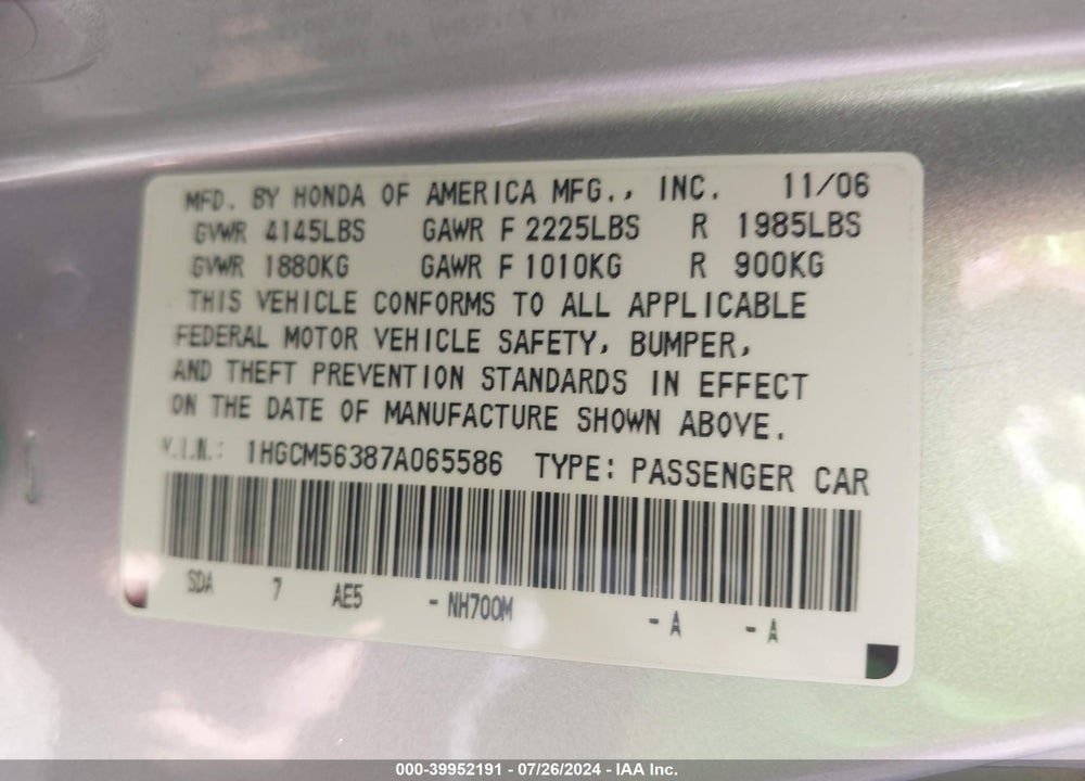 2007 HONDA ACCORD 2.4 SE VIN: 1HGCM56387A065586
