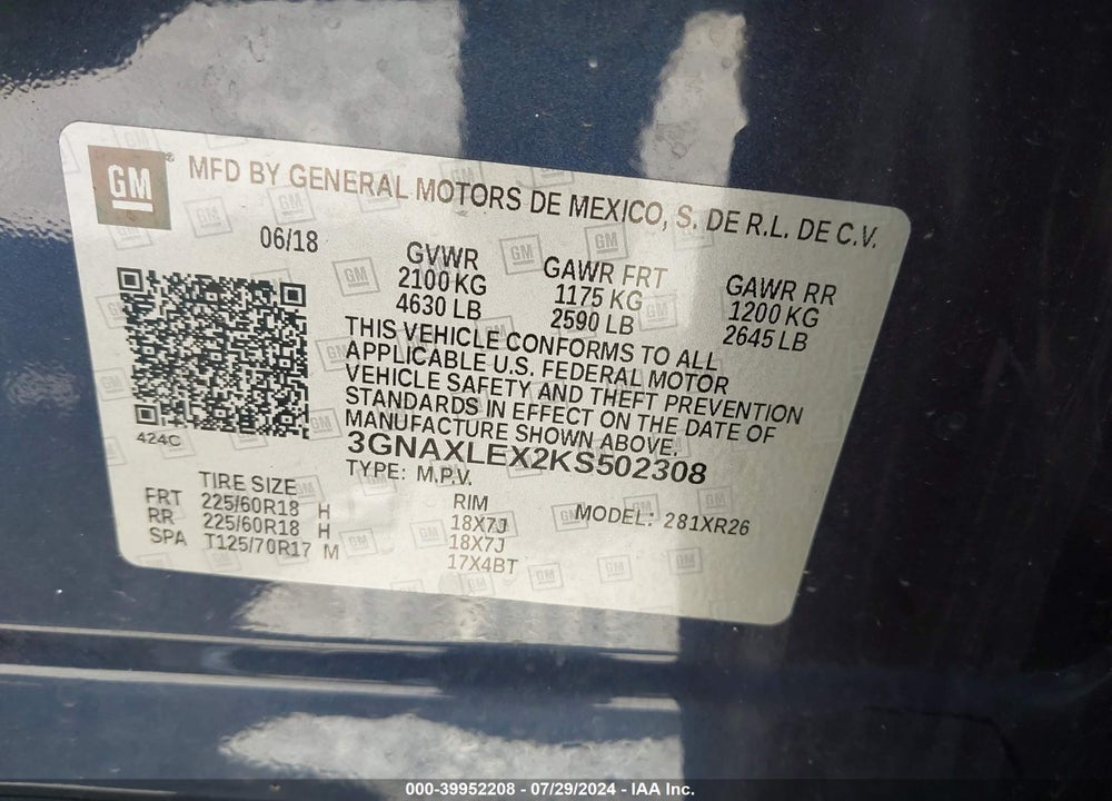 2019 CHEVROLET EQUINOX LT VIN: 3GNAXLEX2KS502308