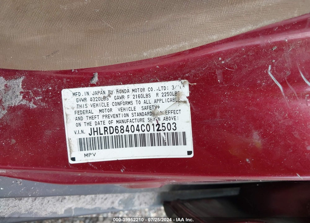 2004 HONDA CR-V LX VIN: JHLRD68404C012503