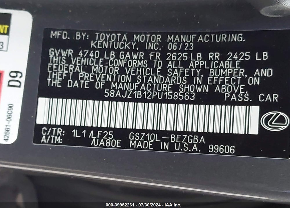 2023 LEXUS ES 350 F-SPORT HANDLING VIN: 58AJZ1B12PU158563