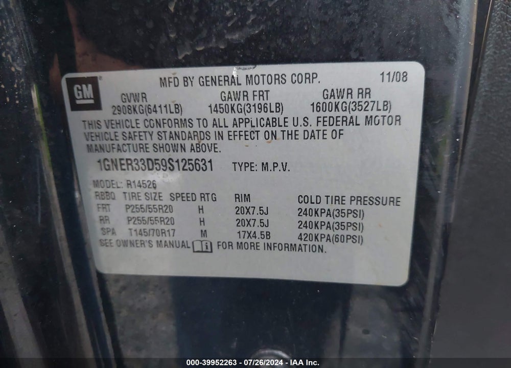 2009 CHEVROLET TRAVERSE LTZ VIN: 1GNER33D59S125631
