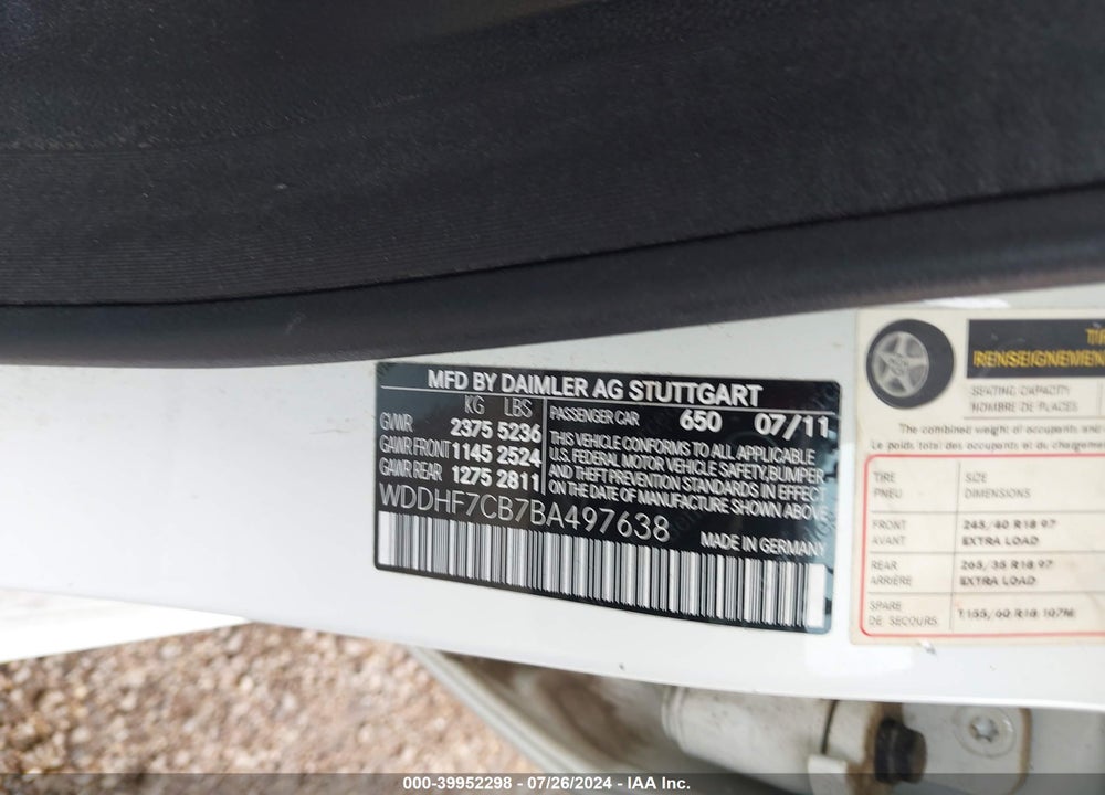 2011 MERCEDES-BENZ E 550 VIN: WDDHF7CB7BA497638