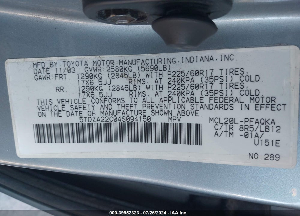 2004 TOYOTA SIENNA XLE/XLE LIMITED VIN: 5TDZA22C04S094150