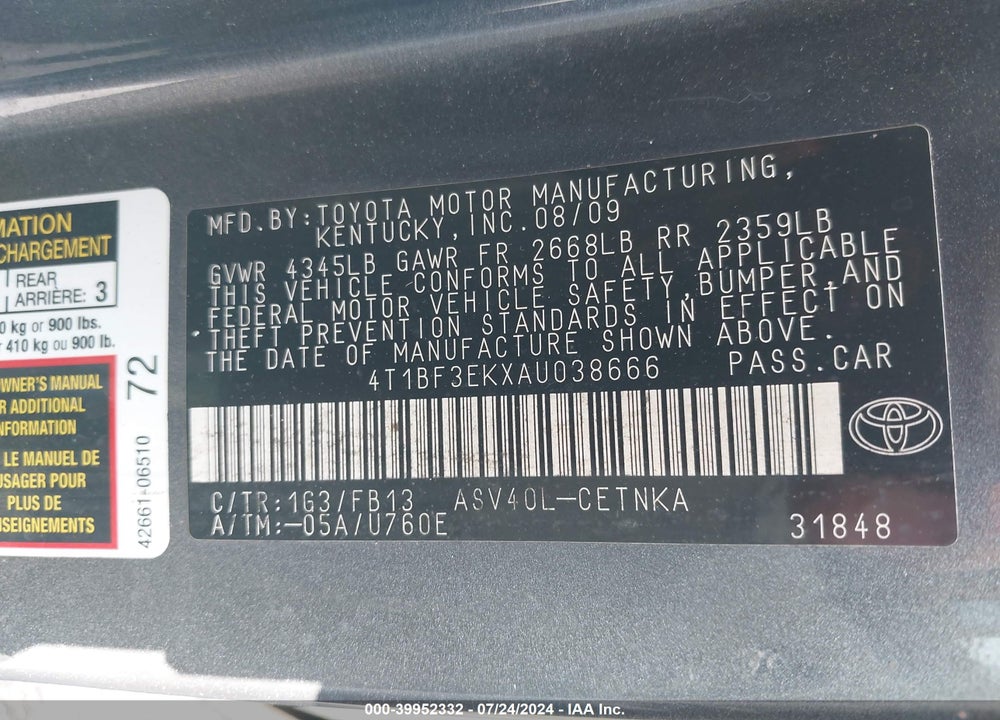 2010 TOYOTA CAMRY LE VIN: 4T1BF3EKXAU038666