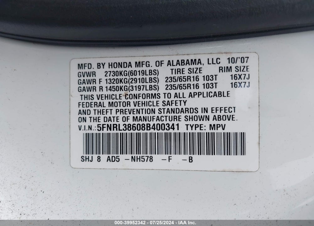 2008 HONDA ODYSSEY EX-L VIN: 5FNRL38608B400341