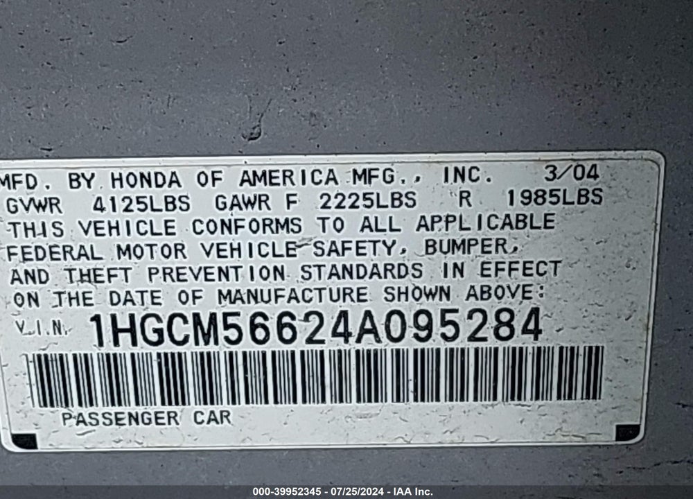2004 HONDA ACCORD 2.4 EX VIN: 1HGCM56624A095284