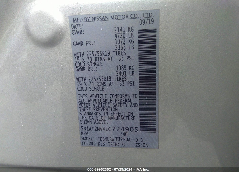 2020 NISSAN ROGUE SL INTELLIGENT AWD VIN: 5N1AT2MVXLC724905