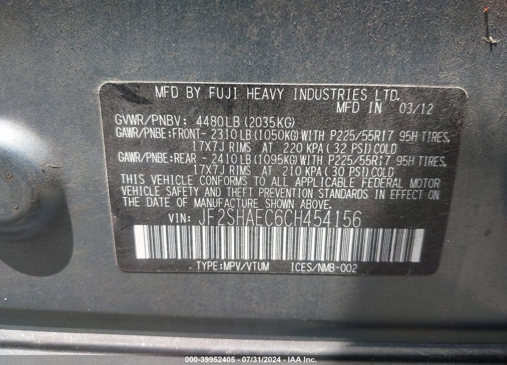 2012 SUBARU FORESTER 2.5X LIMITED VIN: JF2SHAEC6CH454156