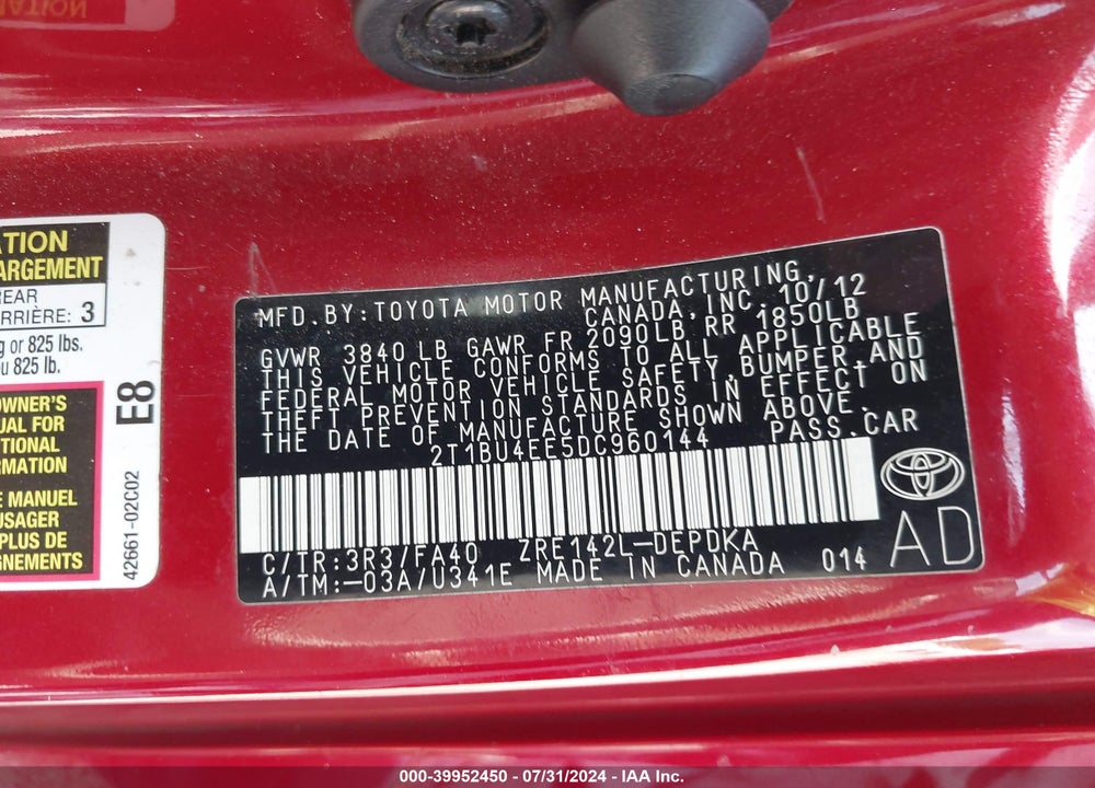 2013 TOYOTA COROLLA L VIN: 2T1BU4EE5DC960144