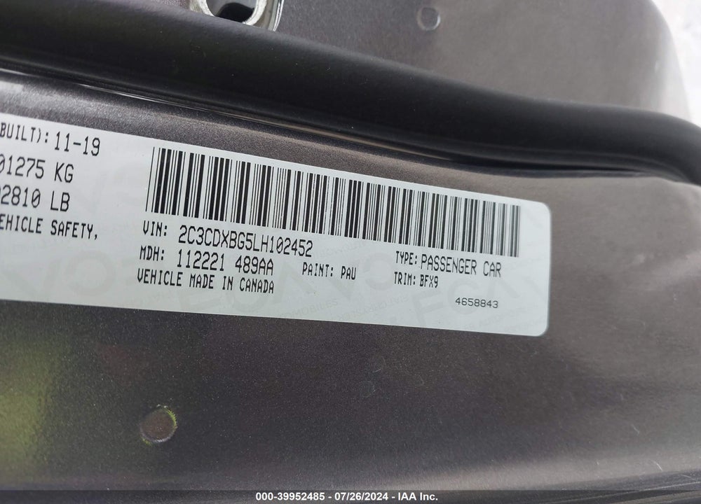 2020 DODGE CHARGER SXT RWD VIN: 2C3CDXBG5LH102452