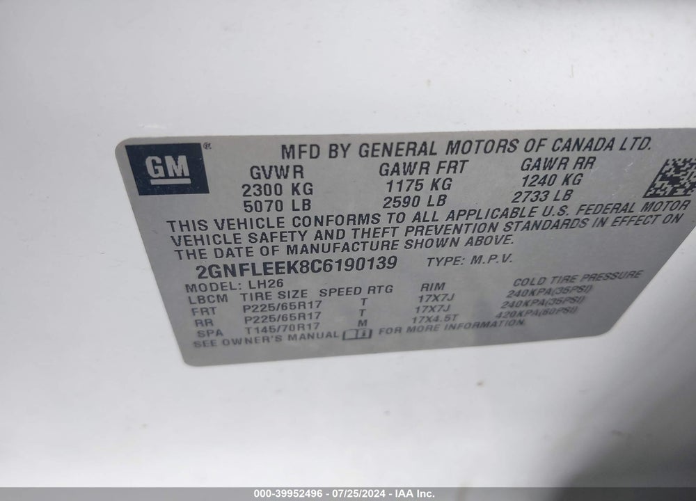 2012 CHEVROLET EQUINOX 1LT VIN: 2GNFLEEK8C6190139