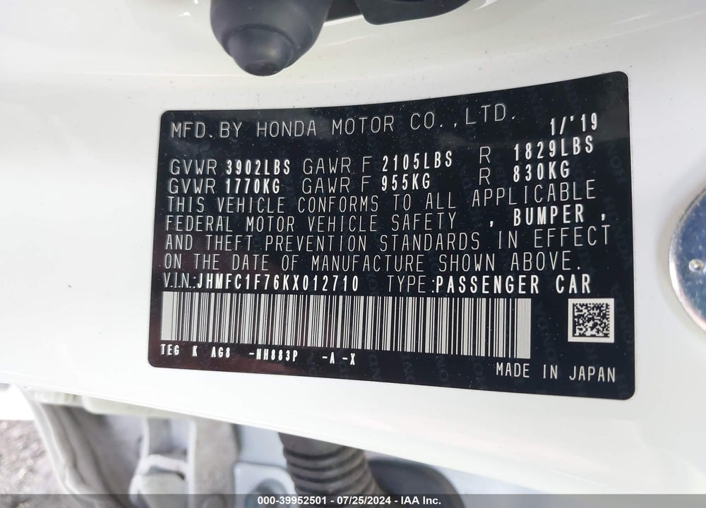 2019 HONDA CIVIC EX-L VIN: JHMFC1F76KX012710