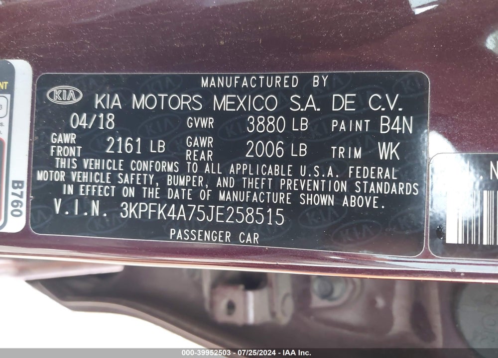 2018 KIA FORTE LX VIN: 3KPFK4A75JE258515