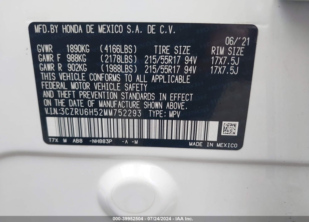 2021 HONDA HR-V AWD EX VIN: 3CZRU6H52MM752293
