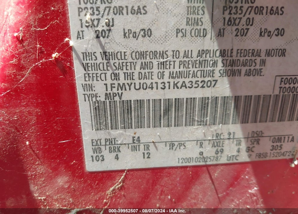 2001 FORD ESCAPE XLT VIN: 1FMYU04131KA35207