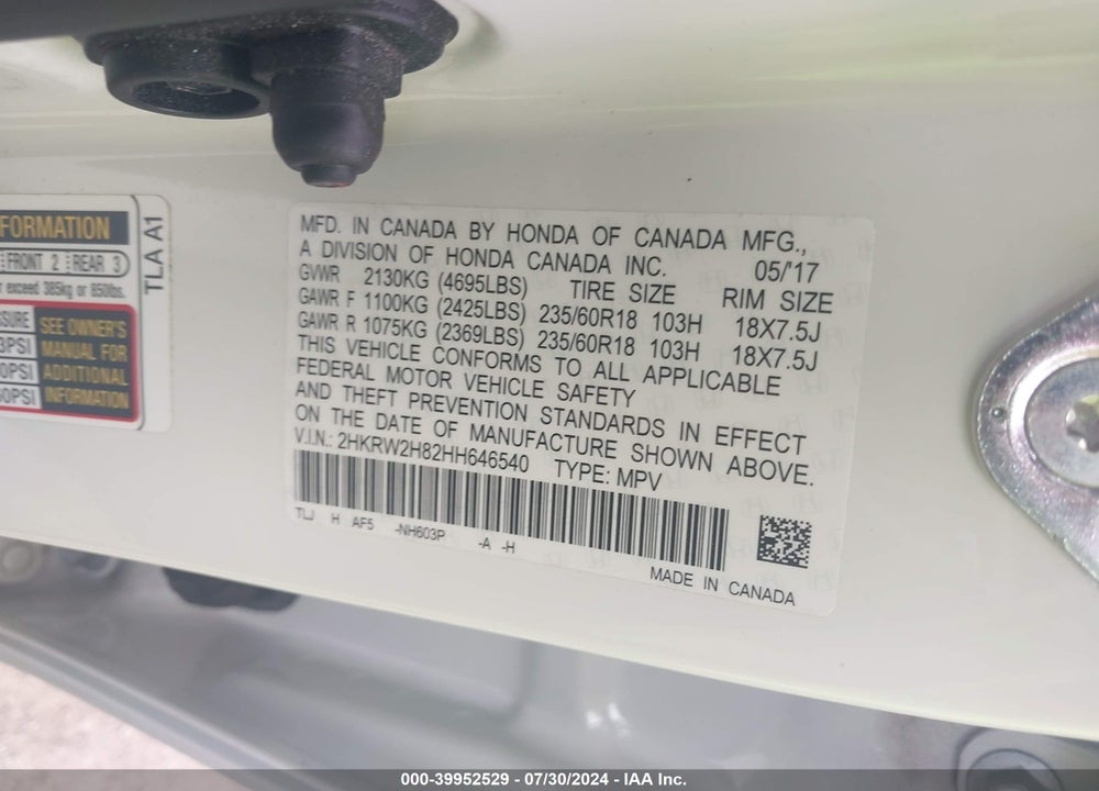 2017 HONDA CR-V EX-L/EX-L NAVI VIN: 2HKRW2H82HH646540