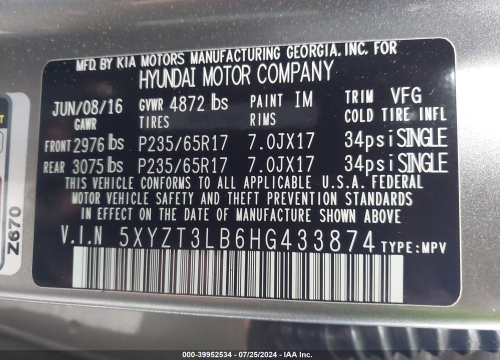 2017 HYUNDAI SANTA FE SPORT VIN: 5XYZT3LB6HG433874